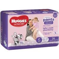 Huggies Ultra-Dry Nappy Pants Size 5 Girl (12-17kg) (4 x 26) Carton of 104