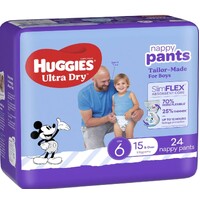 Huggies Ultra-Dry Nappy Pants Size 6 Boy (15kg+) (4 x 24) Carton of 96