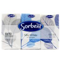 Sorbent Tissues Silky White Soft & Strong Pocket Packet (21cm x 21cm) 6 Packs of 10's