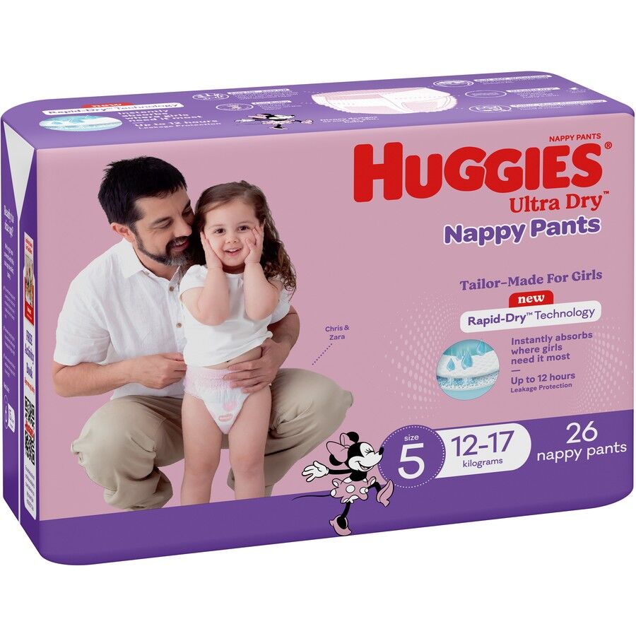 Huggies Ultra-Dry Nappy Pants Size 5 Girl (12-17kg) (4 x 26) Carton of 104  - huggies