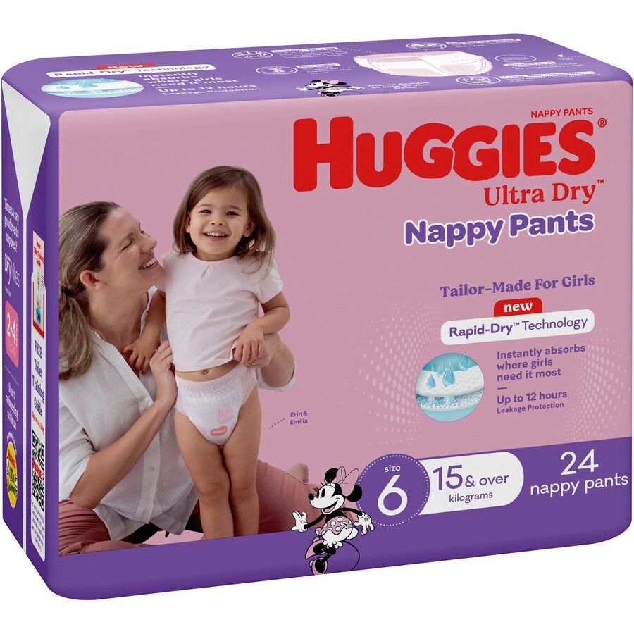 Huggies UltraDry Nappy Pants Size 6 Girl 15kg 24s