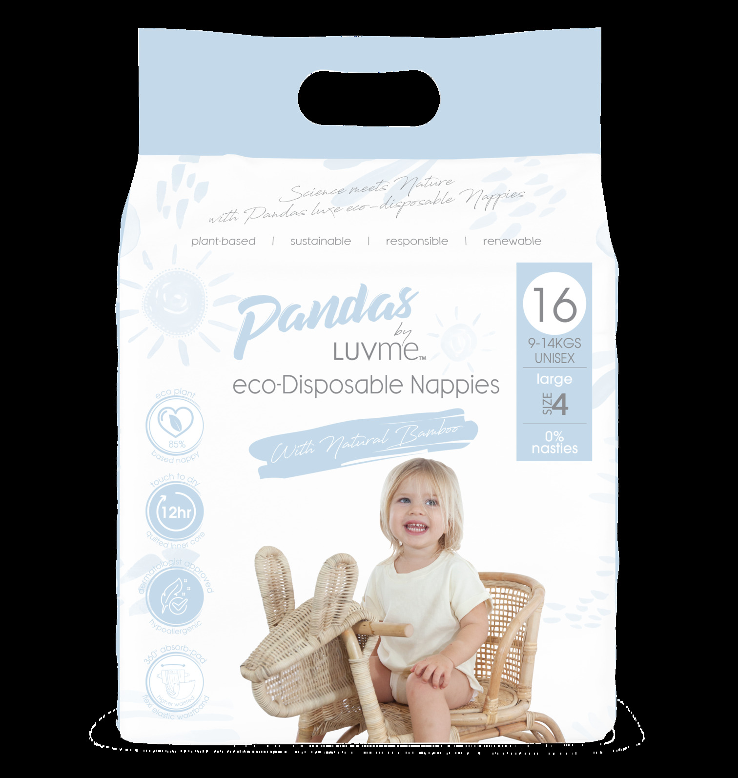 Pandas by Luv Me Large Nappies 9-14kg 4 Packs of 16 (64 Nappies)