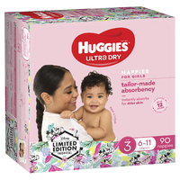 Huggies Ultra Dry Nappies For Girls Jumbo Size 3 Crawler (6-11kg) Carton of 90's