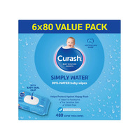 Curash Simply Water Baby Wipes (6x80) Carton of 480's