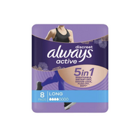 Always Discreet Active Pads 4D 5 in 1 Breathable Instant-dry Odour-lock Flexi-fit Soft Long Pack of 8's