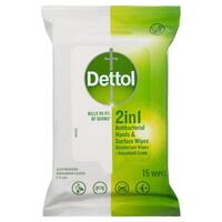 Dettol 2 in 1 Hand & Surface Anti-Bacterial Wipes Fresh Scent Pack of 15