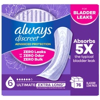 Always Discreet Advanced Protection Pads for Women Ultimate Absorbency 6D Extra Long Carton of 76