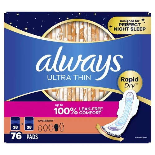 Always Ultra Thin Overnight Pads with Wings Pack of 76's