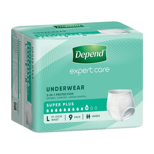 Depend Underwear Super Plus Unisex 97-117cm Large 2000ml (4 x 9) Carton of 36's