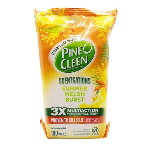 Pine O Cleen Disinfectant Wipes Household Grade Scentsations Summer Melon Burs Pack of 100