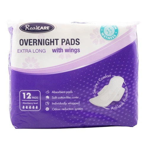 Real Care Overnight Pads Extra Long with Wings 5D Pack of 12's