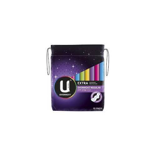 U by Kotex Extra Overnight Regular Pads with Wings Pack of 10