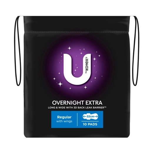 U by Kotex Extra Overnight Regular Pads with Wings Pack of 10