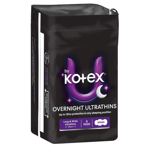 U by Kotex Ultrathin Overnight Pads Long & Wide with Wings (4x8) Carton of 32