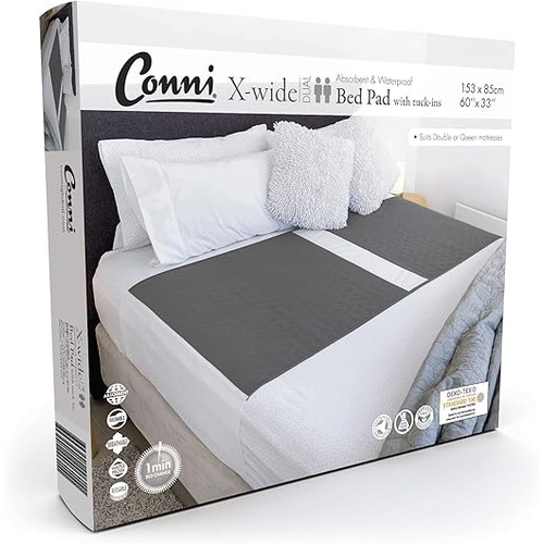 Conni X-wide Dual Reusable Bed Pad with Tuck-ins 153 x 85cm Charcoal