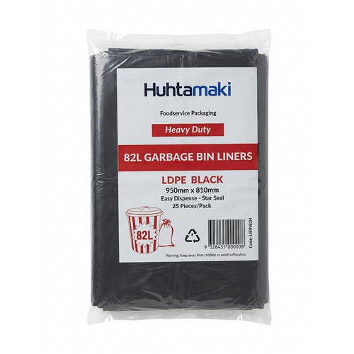 Huhtamaki Black Garbage Bin Liners Heavy Duty 82L Pack of 25