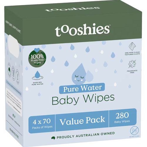 Tooshies Pure Water Baby Wipes Value Pack (4x70) Carton of 280